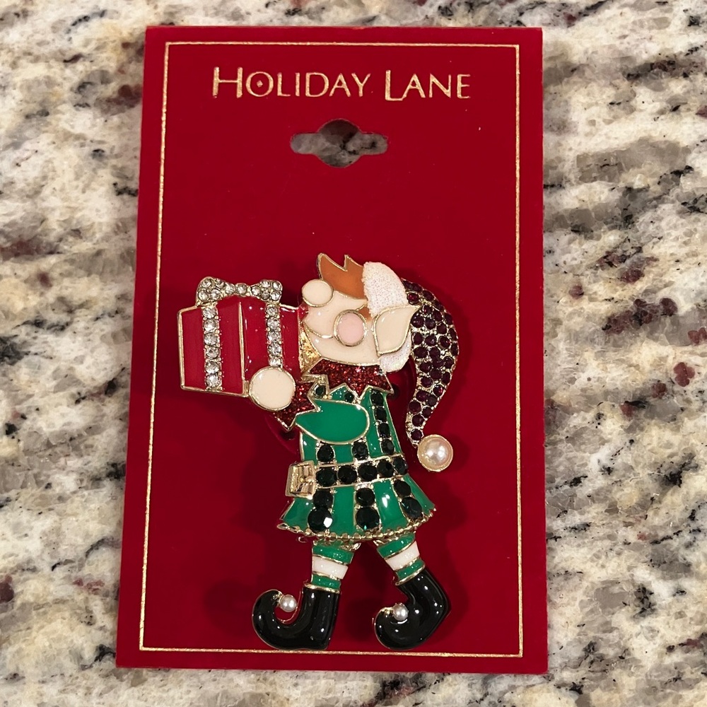 Holiday Lane Festive Elf Brooch Rhinestones & Enamel 2.5” Length New Christmas
